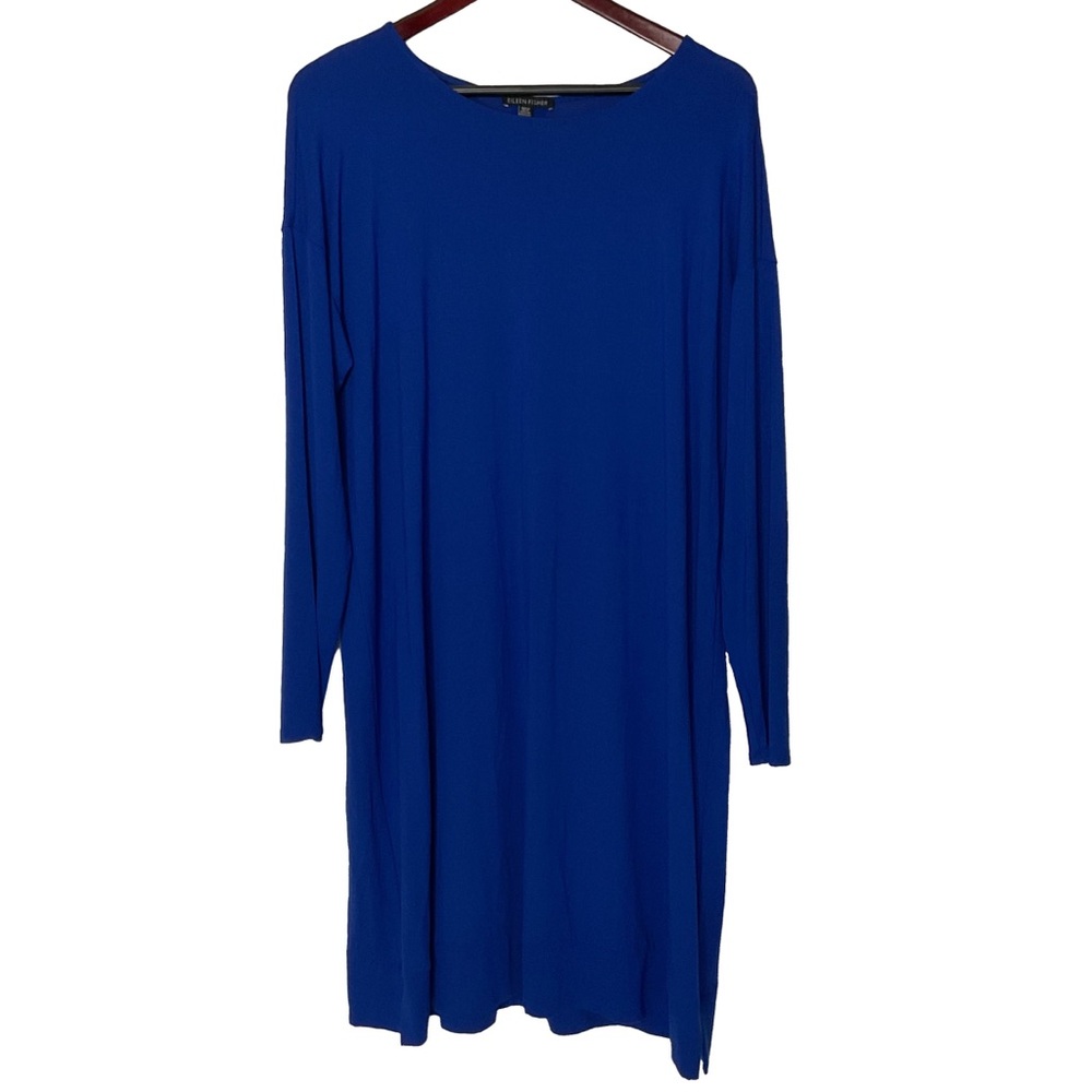 Eileen Fisher Women’s Long Sleeve Royal Blue Stretch Midi Length Shirt Dress LG